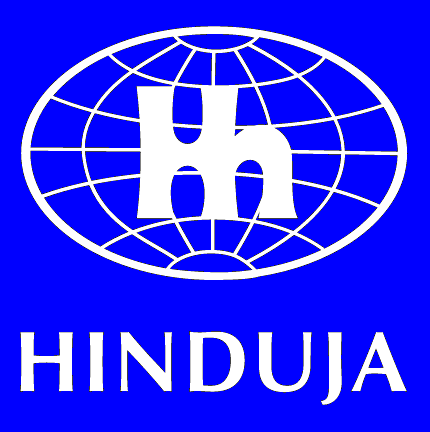 Logo of hinduja group of companies in blue background.