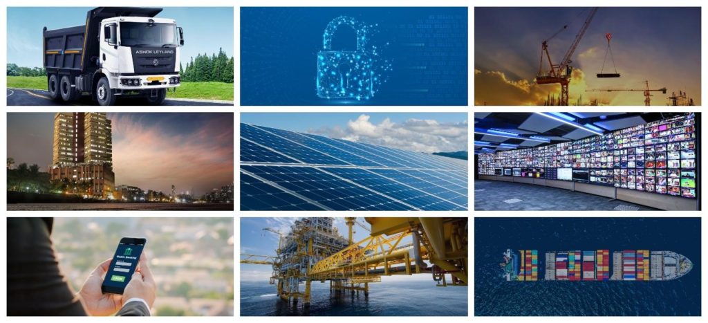 A collage of nine images depicting various industries and technologies such as transportation, security, construction, energy, retail, communication, and shipping.