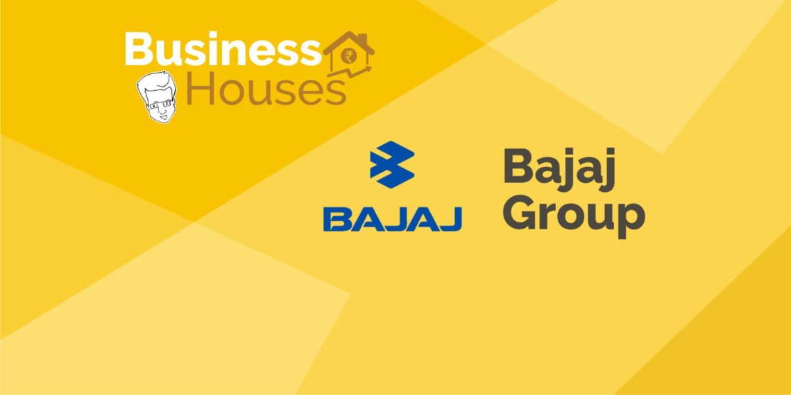 A collage of logos of various business houses and the bajaj group set against a yellow background. The text 