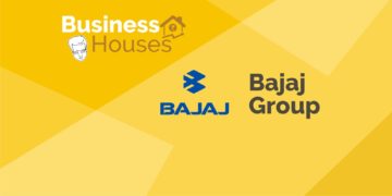 A collage of logos of various business houses and the bajaj group set against a yellow background. The text "business houses" is written at the top of the image, and "bajaj group" is written below the bajaj logo in the center of the image.