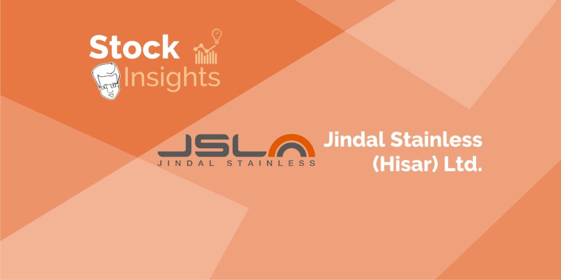 A image with words written “stock insights” and “jindal stainless (hisar) ltd. ” on an orange background. The words “stock insights” are in white and are in the top left corner. The words “jindal stainless (hisar) ltd. ” are in black and are in the bottom right corner. There is a logo for jindal stainless in the center of the graphic.