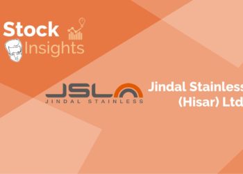 A image with words written “stock insights” and “jindal stainless (hisar) ltd. ” on an orange background. The words “stock insights” are in white and are in the top left corner. The words “jindal stainless (hisar) ltd. ” are in black and are in the bottom right corner. There is a logo for jindal stainless in the center of the graphic.