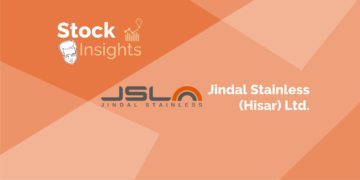 A image with words written “stock insights” and “jindal stainless (hisar) ltd. ” on an orange background. The words “stock insights” are in white and are in the top left corner. The words “jindal stainless (hisar) ltd. ” are in black and are in the bottom right corner. There is a logo for jindal stainless in the center of the graphic.