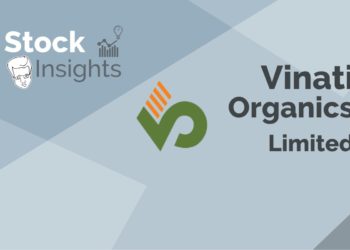 Logos of vinati organics limited and stock insights.