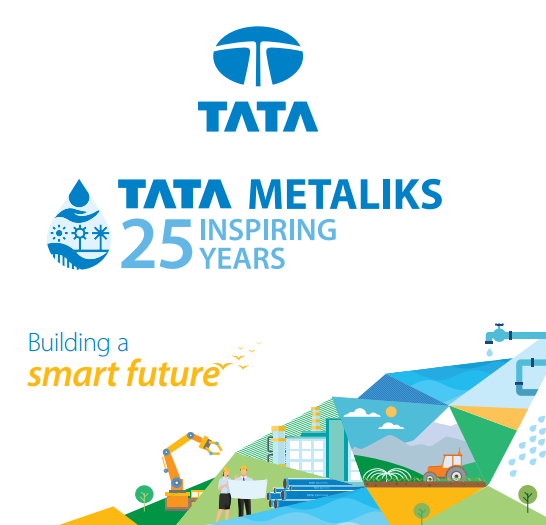 A logo of tata metaliks celebrating 25 years of inspiring construction and industry with a slogan 'building a smart future'