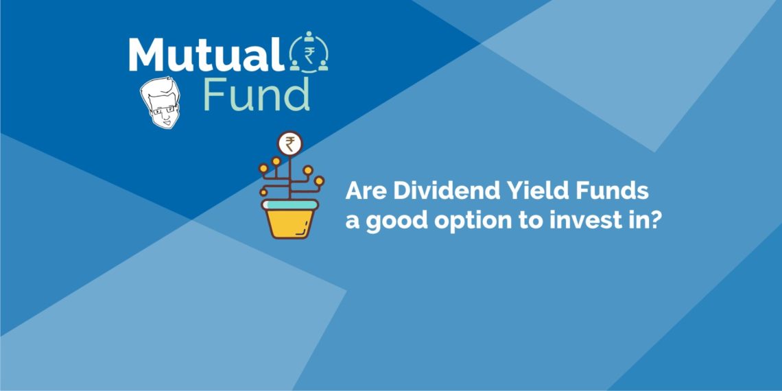 A predominantly blue background with different shades forming geometric shapes. On the left side, there is white text that reads “mutual fund” along with two icons above it - one of a stylized human face and another of a globe surrounded by arrows. To the right, there is another set of white texts that asks, “are dividend yield funds a good option to invest in.