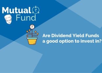 A predominantly blue background with different shades forming geometric shapes. On the left side, there is white text that reads “mutual fund” along with two icons above it - one of a stylized human face and another of a globe surrounded by arrows. To the right, there is another set of white texts that asks, “are dividend yield funds a good option to invest in.