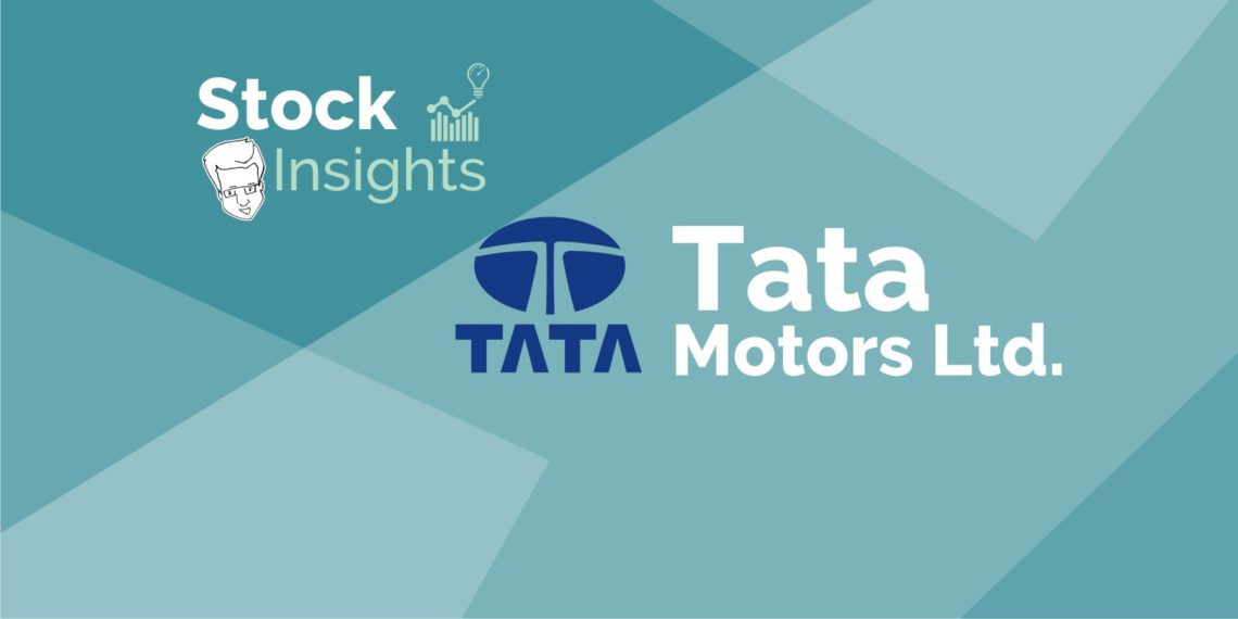 A graphic image featuring the logos and names of “stock insights” and “tata motors ltd. ” on a geometric, multi-shaded blue background.