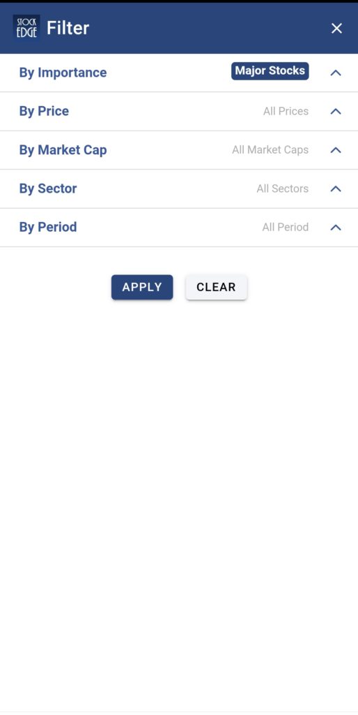 This is a screenshot of a filter menu of the stockedge app. The menu has a blue header with the word “filter” in white text. Below the header, there are three filter options: “by importance”, “by market cap”, and “by period”. Each filter option has a dropdown menu with various choices. At the bottom of the menu, there are two buttons: “apply” and “clear”.