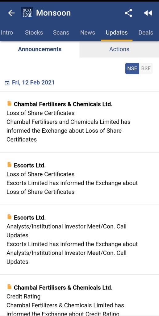 A screenshot of the stockedge app which has a list of updates on stock prices and company news. The updates are for the companies such as chambal fertilisers & chemicals ltd. ,escorts ltd. And rating monsoon ltd.
