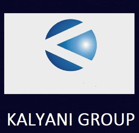 Logo of kalyani group, a blue sphere with three white stripes on a navy blue background.