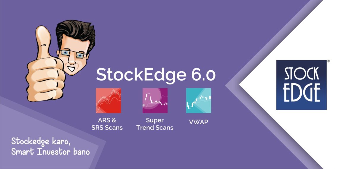 A promotional image for stockedge 6. 0. It features a thumbs-up gesture, the software’s logo, and icons representing various stock scanning features against a purple background.