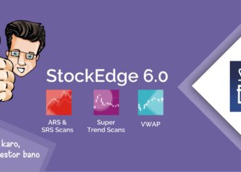 A promotional image for stockedge 6. 0. It features a thumbs-up gesture, the software’s logo, and icons representing various stock scanning features against a purple background.