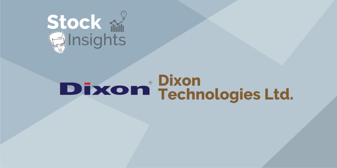 A graphical representation of stock insights with the logo of dixon technologies ltd. In a grey background.