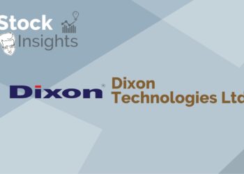 A graphical representation of stock insights with the logo of dixon technologies ltd. In a grey background.