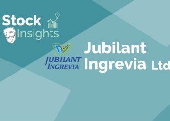 A graphic image in agradient background of blue and green with the texts written "stock insights" in the top left corner. The text “jubilant ingrevia ltd. ” is written in white in the bottom right corner. The logo of the company is also given.