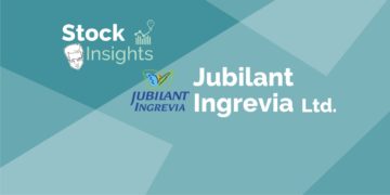 A graphic image in agradient background of blue and green with the texts written "stock insights" in the top left corner. The text “jubilant ingrevia ltd. ” is written in white in the bottom right corner. The logo of the company is also given.