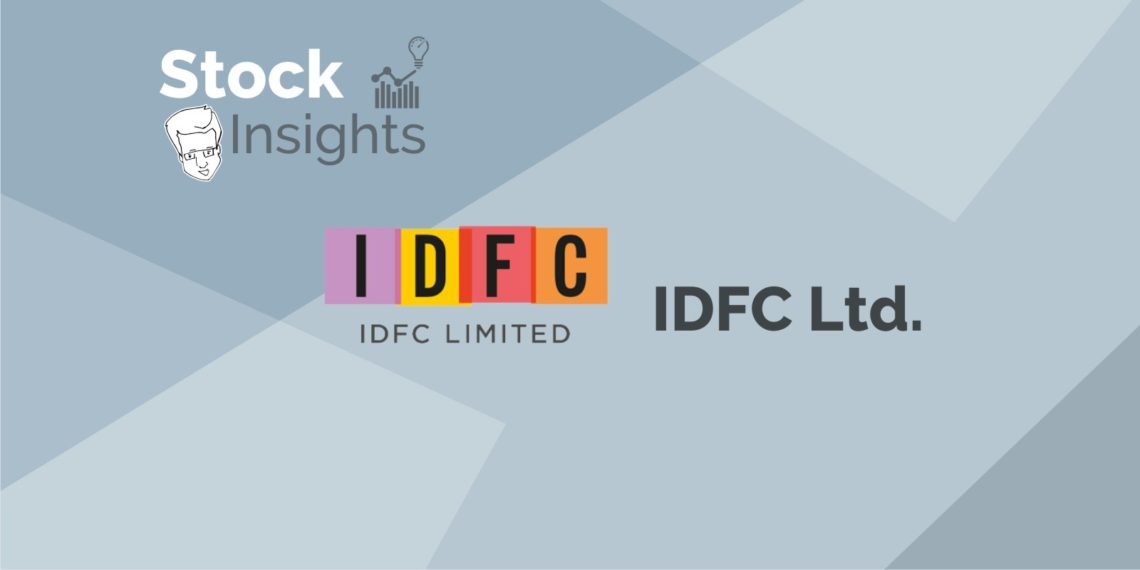 A graphic titled “stock insights” with a stylized face and light bulb icons. It features the logo and name of idfc limited in colorful letters against a geometric grey background. The logo is centered in the image with each letter in different colors.