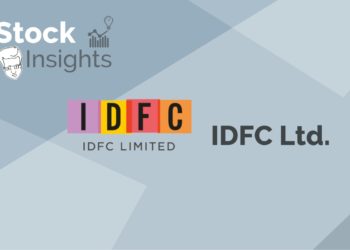 A graphic titled “stock insights” with a stylized face and light bulb icons. It features the logo and name of idfc limited in colorful letters against a geometric grey background. The logo is centered in the image with each letter in different colors.