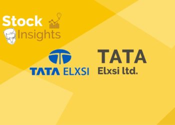 A blue and yellow logo with the text "tata elxsi" and "stock insights" on a yellow background.