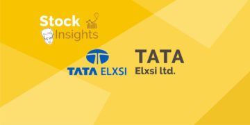 A blue and yellow logo with the text "tata elxsi" and "stock insights" on a yellow background.