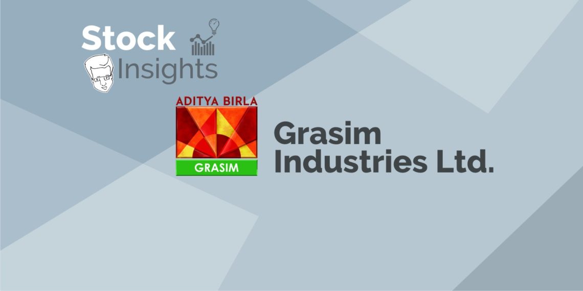 The image is a graphic image titled “stock insights” featuring the logo and name of grasim industries ltd. , a company under the aditya birla group, displayed on a geometric grey background.