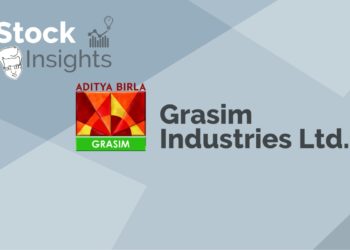 The image is a graphic image titled “stock insights” featuring the logo and name of grasim industries ltd. , a company under the aditya birla group, displayed on a geometric grey background.