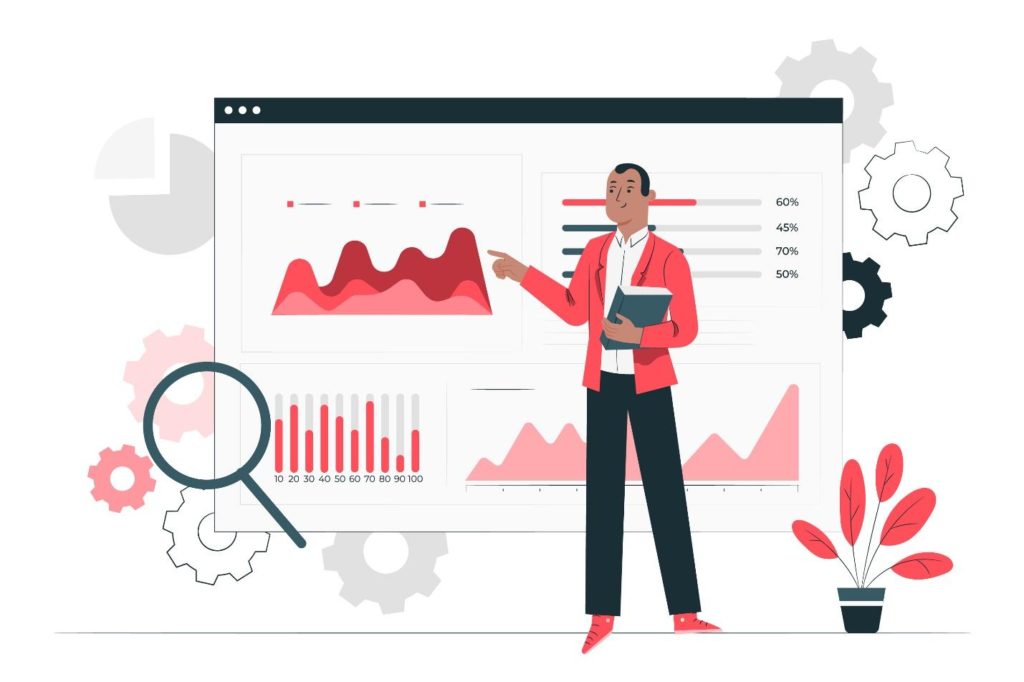 A person in a red suit holding a book and pointing at a computer screen with charts, while a magnifying glass and gears are in the background.