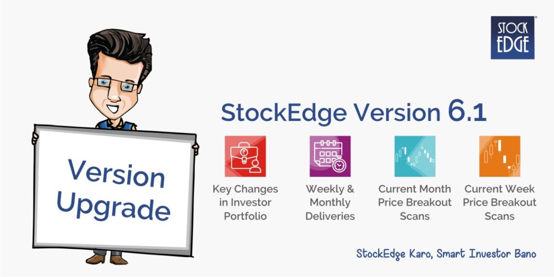 A character with a blanked out face, wearing a suit, and holding a sign that reads “version upgrade. ” to the right of the character is text that reads “stockedge version 6. 1” in bold letters. Below this headline are four colorful icons with text describing features of the version upgrade: