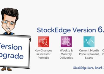 A character with a blanked out face, wearing a suit, and holding a sign that reads “version upgrade. ” to the right of the character is text that reads “stockedge version 6. 1” in bold letters. Below this headline are four colorful icons with text describing features of the version upgrade: