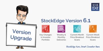 A character with a blanked out face, wearing a suit, and holding a sign that reads “version upgrade. ” to the right of the character is text that reads “stockedge version 6. 1” in bold letters. Below this headline are four colorful icons with text describing features of the version upgrade: