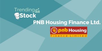 A graphic design image of a blue background with a white bull and text that reads ‘trending stock pnb housing finance ltd. ’ and the logo for pnb housing finance limited