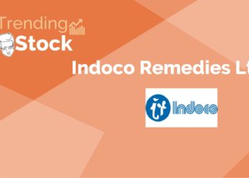 A graphic design of a trending stock "indoco remedies ltd. " in a background gradient of orange and red.