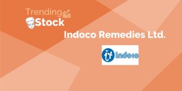 A graphic design of a trending stock "indoco remedies ltd. " in a background gradient of orange and red.