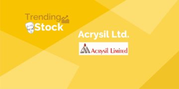 A graphic in a yellow background with words " the “trending stock” are written in black in the top left corner. The company name “acrysil ltd. ” is written in black in the bottom right corner. Along with the logo of the company.