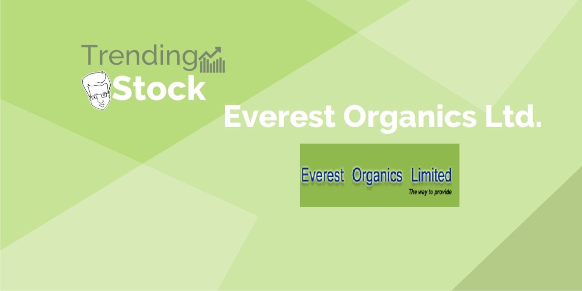 A graphic design with a green background. The words “trending stock” are written in white text in the top left corner, and the words “everest organics ltd. ” are written in black text in the top right corner.