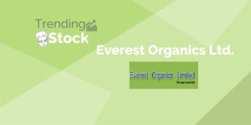 A graphic design with a green background. The words “trending stock” are written in white text in the top left corner, and the words “everest organics ltd. ” are written in black text in the top right corner.