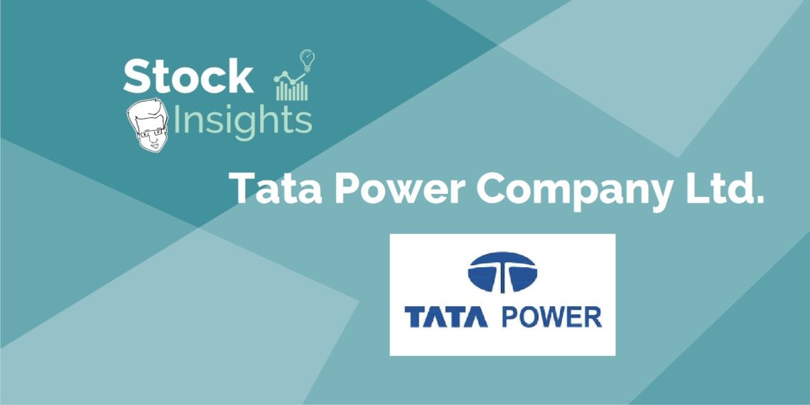A graphic image with a blue background and white text. The text reads “stock insights tata power company ltd. ” in a large font. The tata power logo is in the bottom right corner of the image. The logo is a blue circle with a white “t” in the center. The background is a gradient of blue shades.