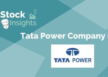 A graphic image with a blue background and white text. The text reads “stock insights tata power company ltd. ” in a large font. The tata power logo is in the bottom right corner of the image. The logo is a blue circle with a white “t” in the center. The background is a gradient of blue shades.