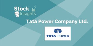 A graphic image with a blue background and white text. The text reads “stock insights tata power company ltd. ” in a large font. The tata power logo is in the bottom right corner of the image. The logo is a blue circle with a white “t” in the center. The background is a gradient of blue shades.