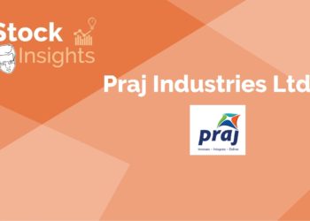 A orange background with the text "stock insights" and " praj industries ltd. " with a praj logo.