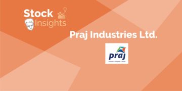 A orange background with the text "stock insights" and " praj industries ltd. " with a praj logo.