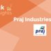 A orange background with the text "stock insights" and " praj industries ltd. " with a praj logo.