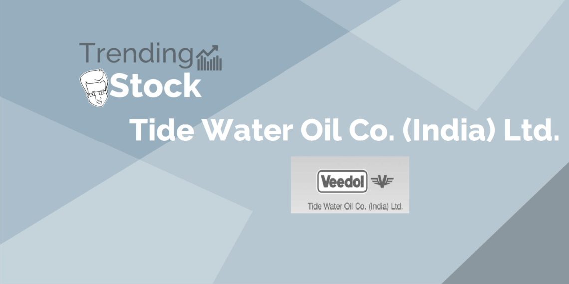 A white and grey banner with the trending stock, tide water oil co. (india) ltd. , and its logo, veedol v