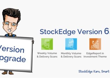 A cartoon character with a blotted out face holding a large sign that reads “version upgrade. ” the background is white and contains text and icons representing the upgrade to “stockedge version 6. 2. ” four icons represent different features of the upgrade: weekly volume & delivery scans, monthly volume & delivery scans, edgereport in investment theme, and edgereport in my watchlist.