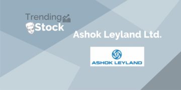 A graphic image of a trending stock "ashok leyland ltd. " with a background gradient of grey and black.