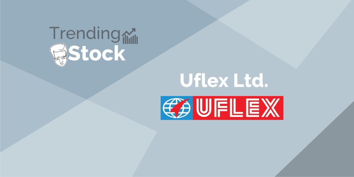 A graphic image of a stock market trend with the company name “uflex ltd. ” and its logo. The background is a gradient of blue and gray.