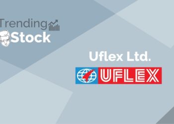 A graphic image of a stock market trend with the company name “uflex ltd. ” and its logo. The background is a gradient of blue and gray.