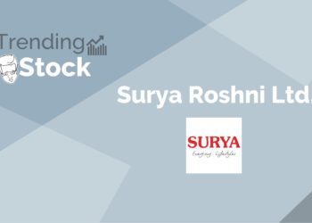 A graphic image of a trending stock written and the logo of a company named "surya roshni ltd. " in a background gradient of grey color.