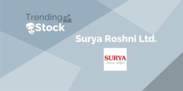 A graphic image of a trending stock written and the logo of a company named "surya roshni ltd. " in a background gradient of grey color.
